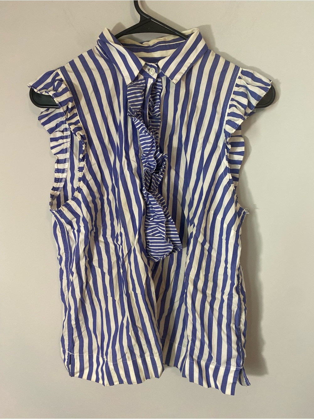J. Crew Blue and White Striped Ruffle Front Sleeveless Blouse
